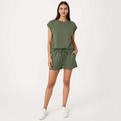 Short Sleeve Lounge Top and Shorts Set with Relaxed Fit