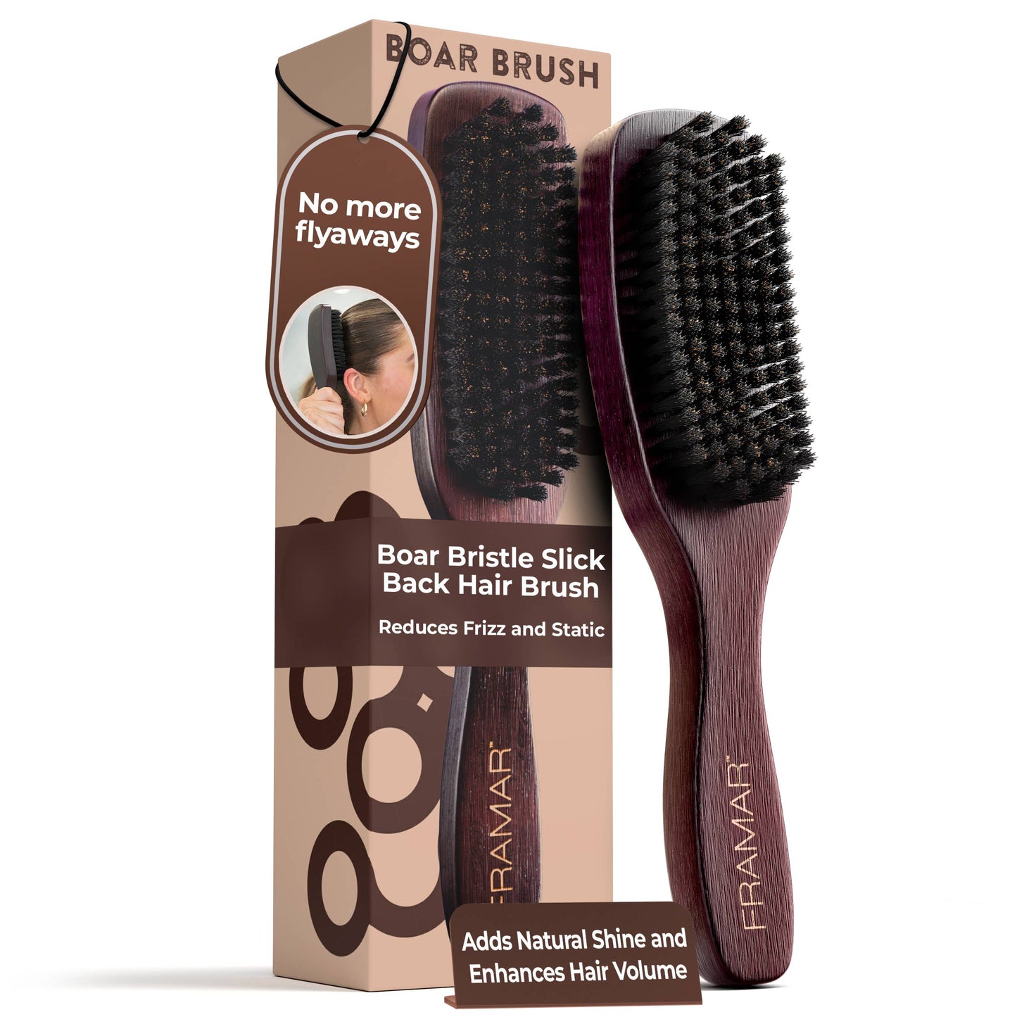 FRAMAR Boar Bristle Hair Brush, Wooden Slick Back Hair Brush