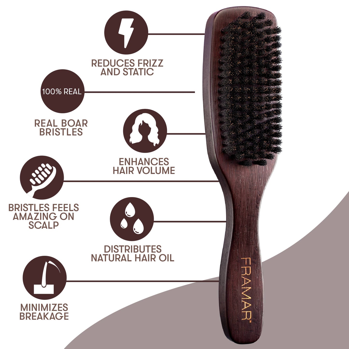 FRAMAR Boar Bristle Hair Brush, Wooden Slick Back Hair Brush