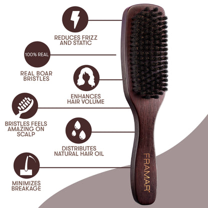 FRAMAR Boar Bristle Hair Brush, Wooden Slick Back Hair Brush