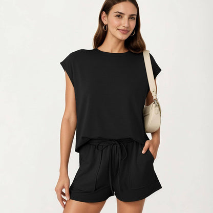 Short Sleeve Lounge Top and Shorts Set with Relaxed Fit